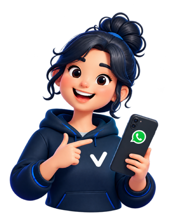Veri, la asistente de VERIDATO, sonríe y señala su teléfono.
